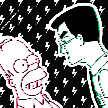 An artistic representation of a scene from Homer's Enemy, where Frank Grimes is confronting Homer Simpson.