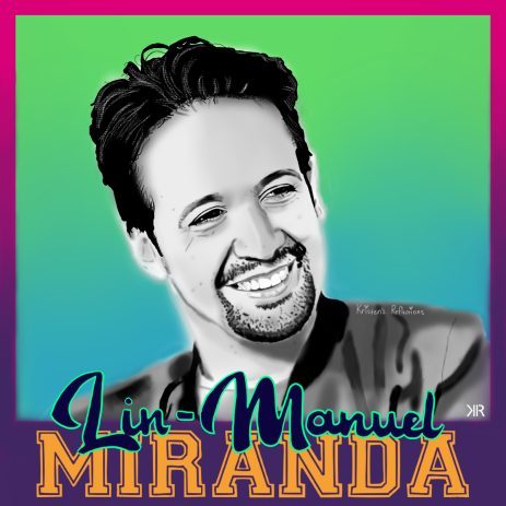 Digital black and white drawing of Lin-Manuel Miranda with a green and blue background